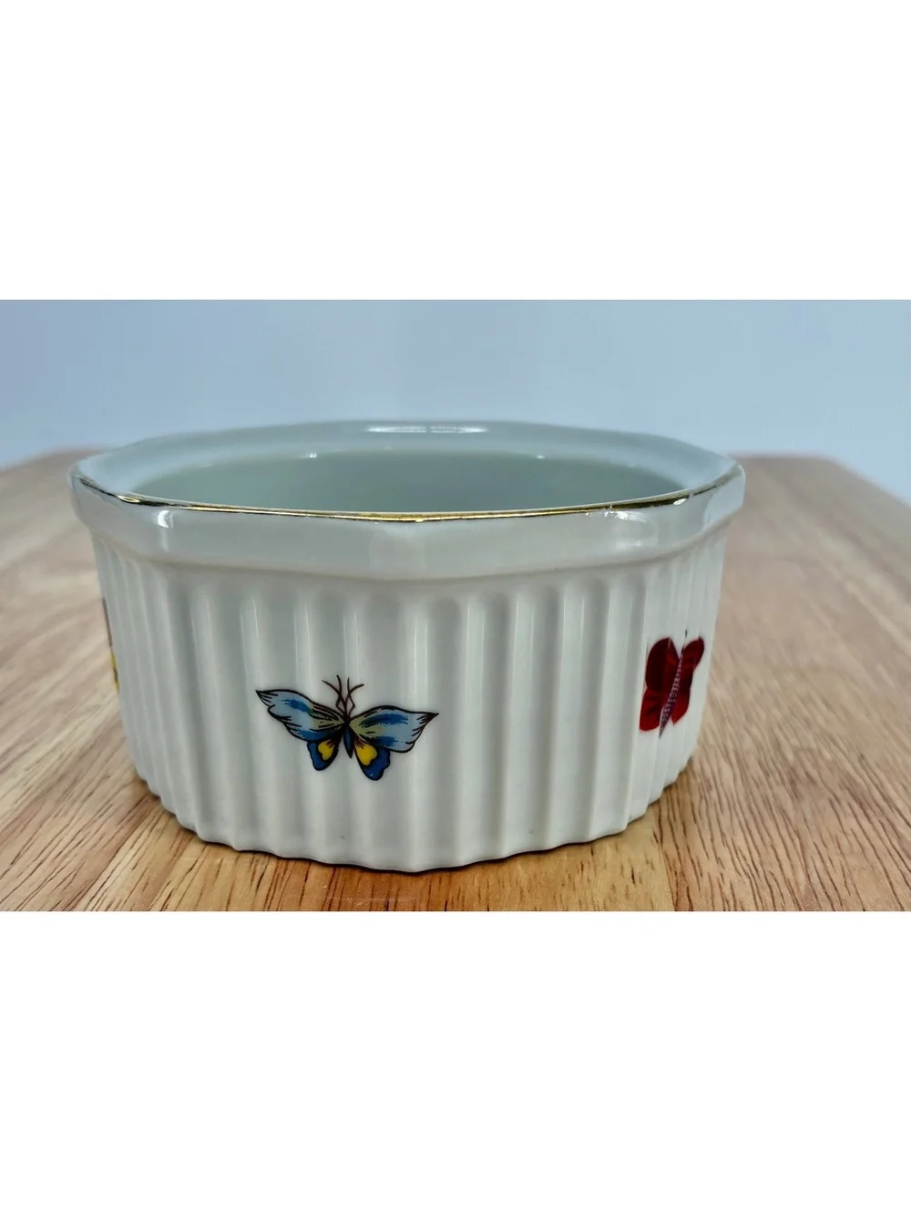 Vintage Mid Century Strawberry & Butterfly Porcelain Ramekin Gold Trim Japan